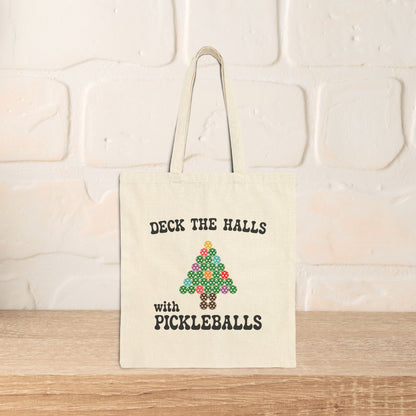 Deck the Halls with Pickleballs Pickleball Tote Bag | Christmas Cotton Gift Cream