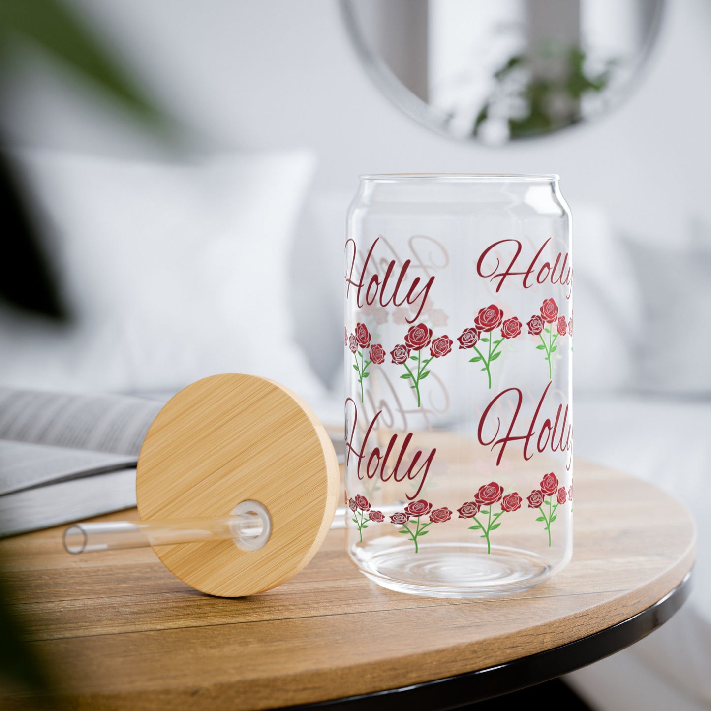 June Birthday Roses Floral Personalized Sipper Glass Bamboo Lid