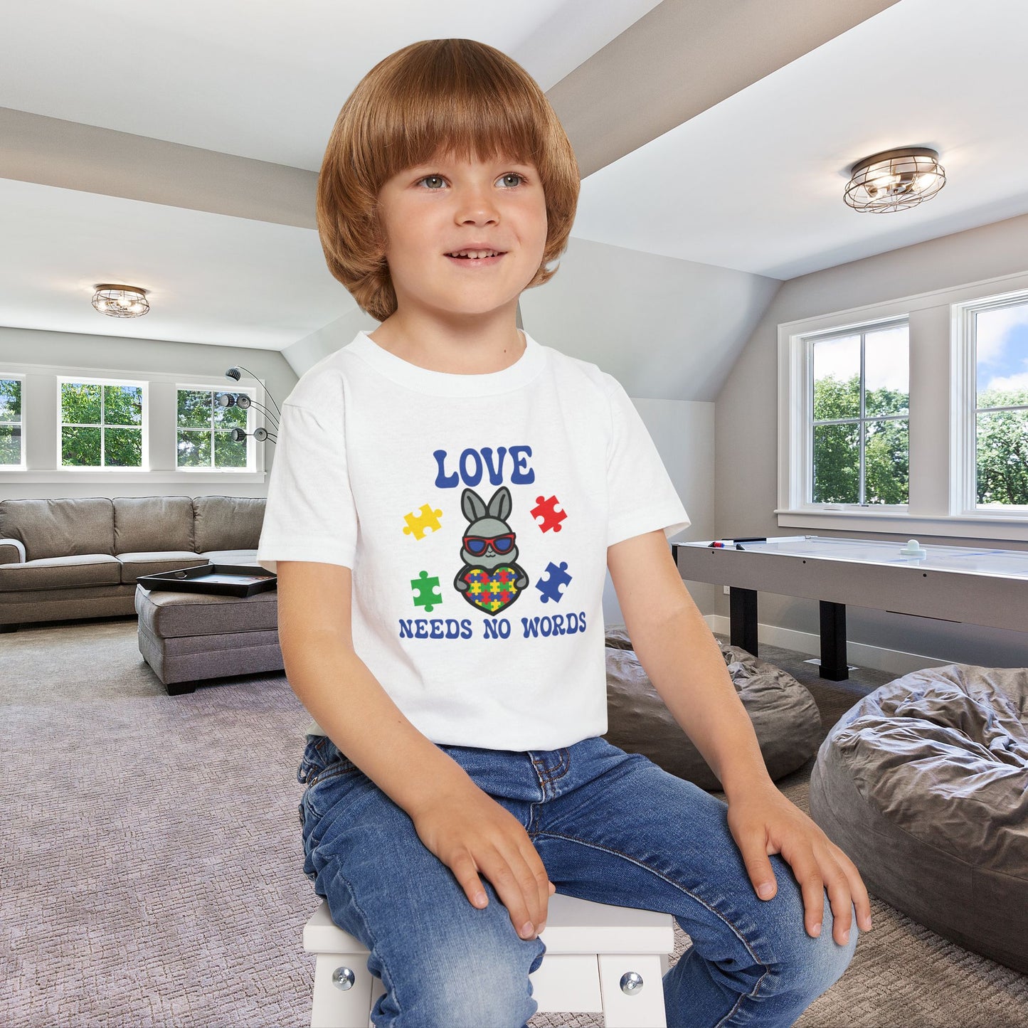 Love Needs No Words Rabbit Graphic Autism Awareness Cotton Toddler T Shirt