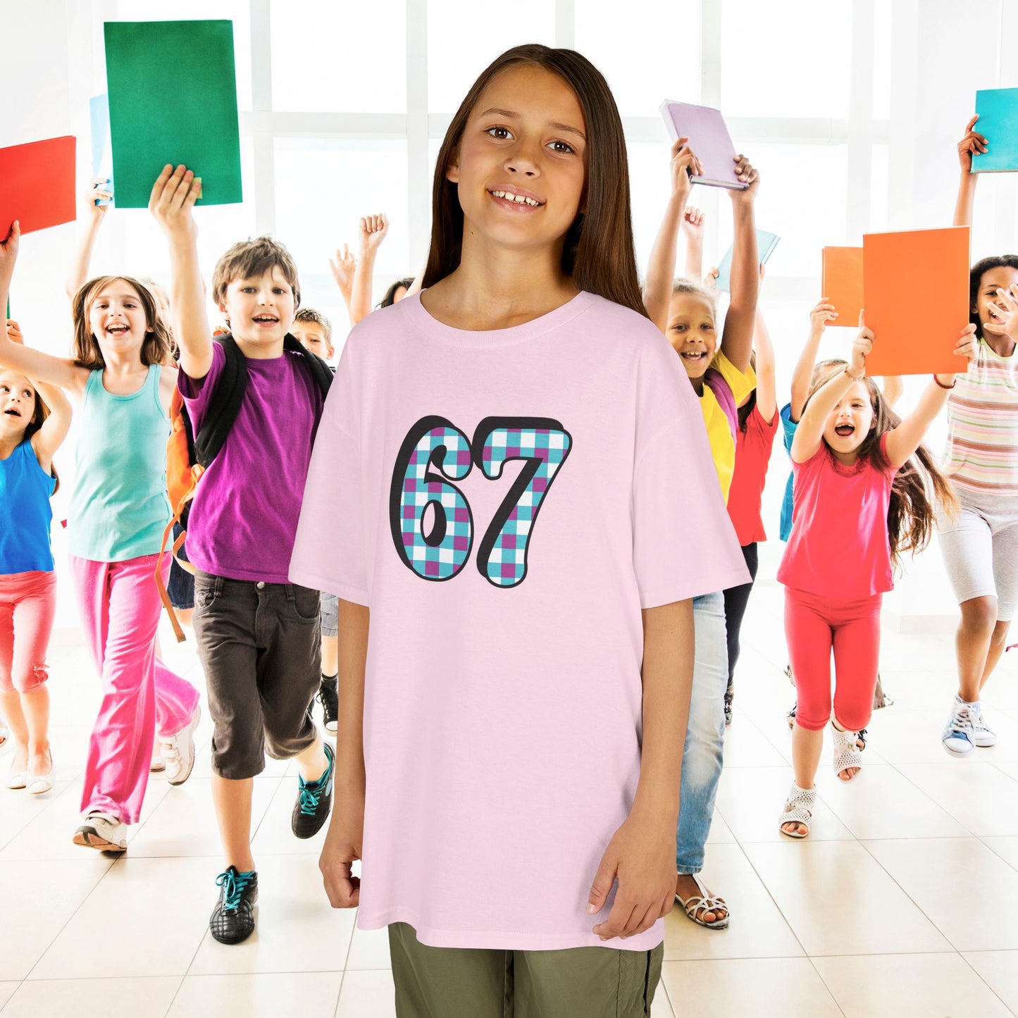 Checkered Pattern 67 Tee Fun Trending Kids Cotton T Shirt Six Seven Youth