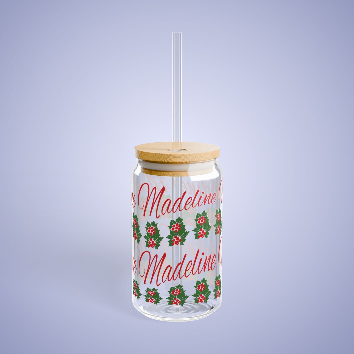 December Birthday Holly Floral Personalized Sipper Glass Bamboo Lid