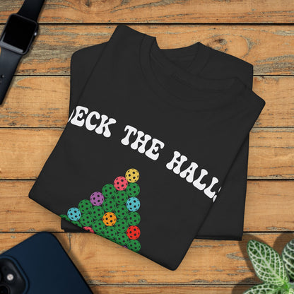 Deck the Halls with Pickleballs T Shirt Green Graphic Design Christmas Pickleball Gift