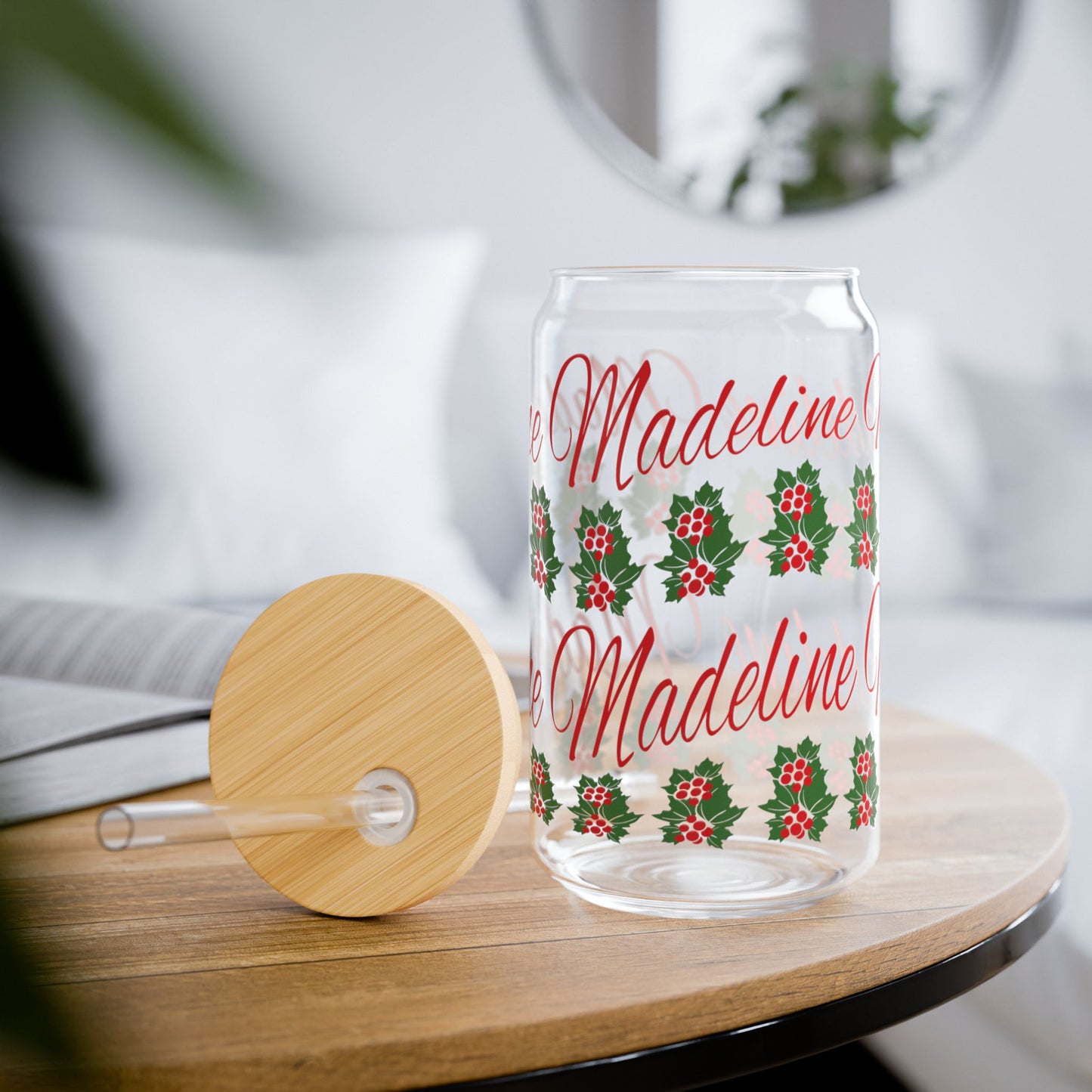December Birthday Holly Floral Personalized Sipper Glass Bamboo Lid