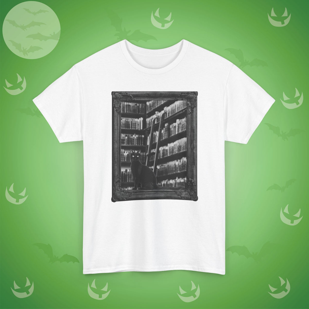 Black Cat Spooky Library Halloween T-Shirt | Book Lover Photographic Design