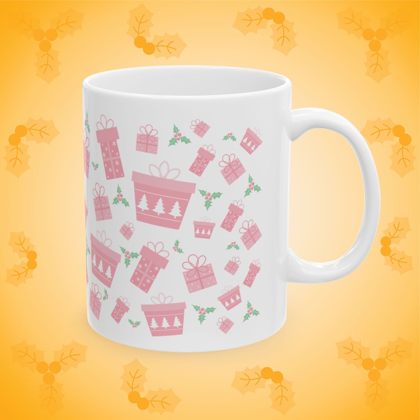 Pink Christmas Presents and Holly Mug