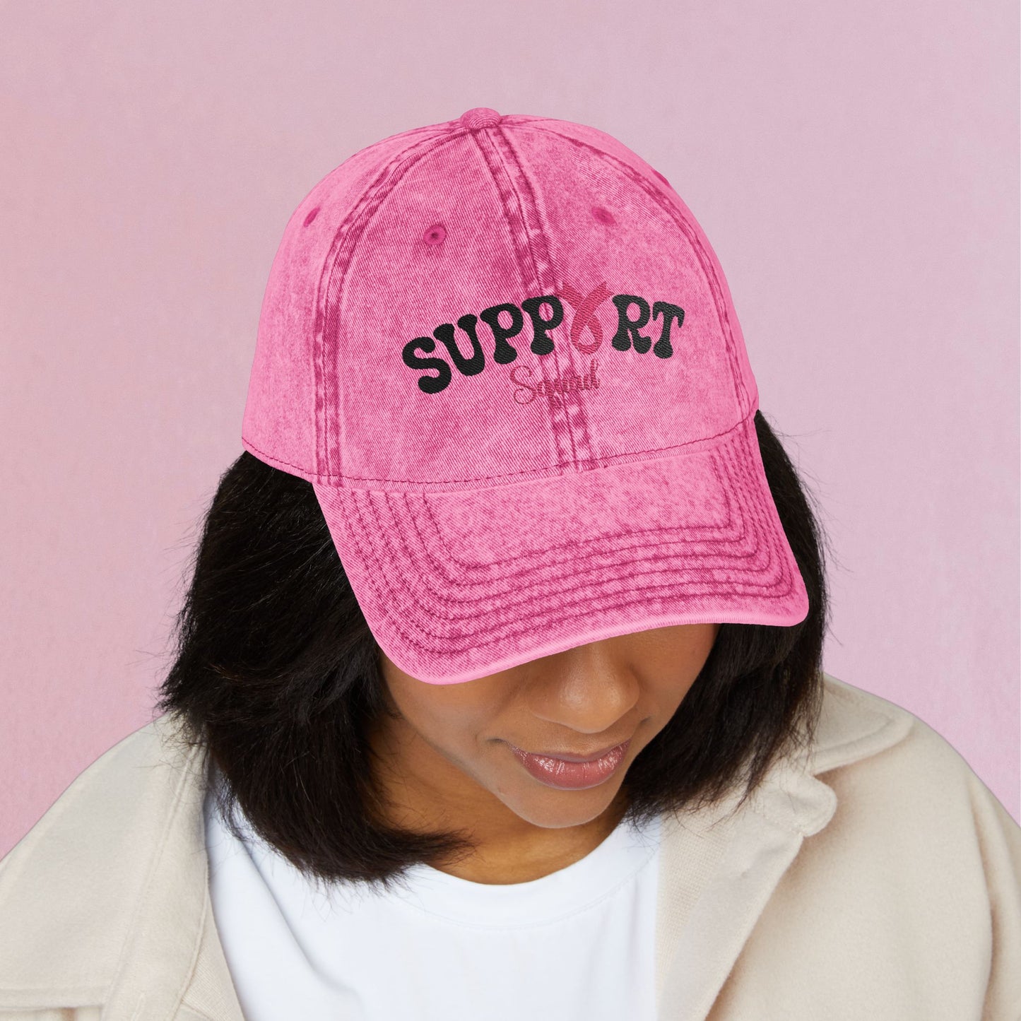 Support Squad Embroidered Breast Cancer Awareness Unisex Distressed Cap Gift Pink