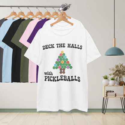 Deck the Halls with Pickleballs T Shirt Graphic Design Christmas Pickleball Gift