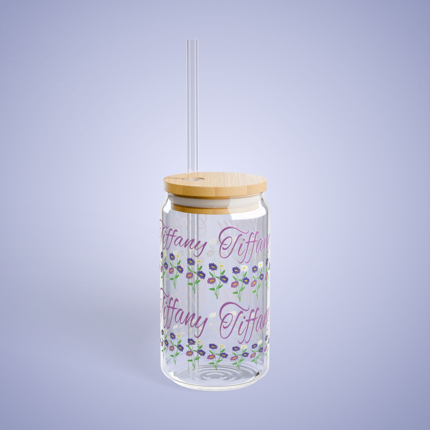 September Birthday Aster Daisy Floral Personalized Sipper Glass Bamboo Lid
