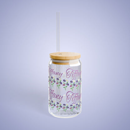 September Birthday Aster Daisy Floral Personalized Sipper Glass Bamboo Lid