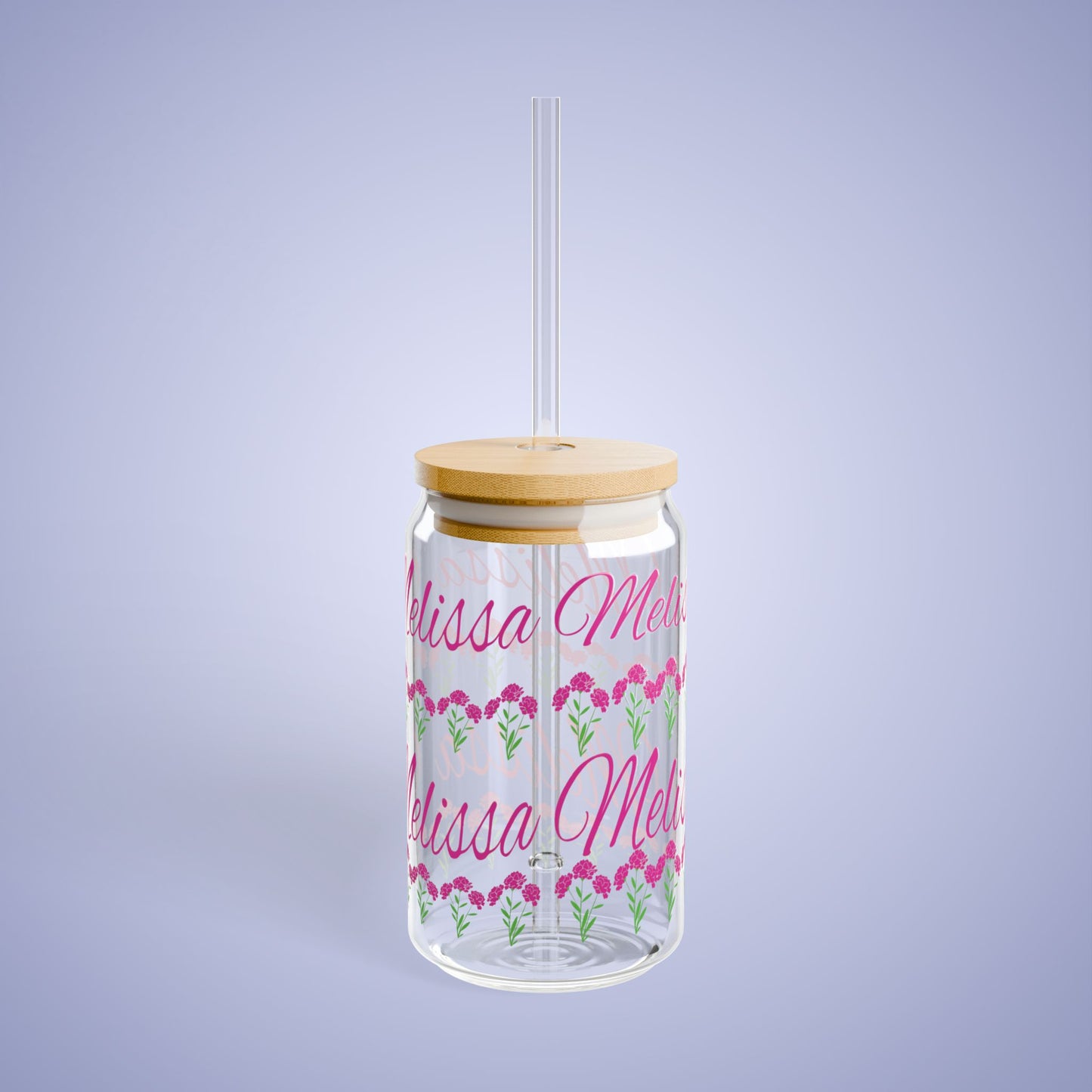 January Birthday Carnation Floral Personalized Sipper Glass Bamboo Lid