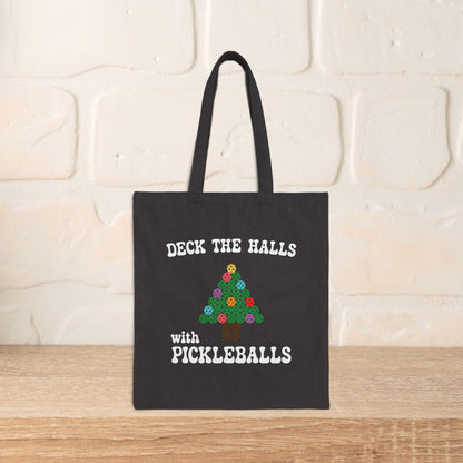 Deck the Halls with Pickleballs Christmas Black Pickleball Cotton Canvas Gift Tote Bag