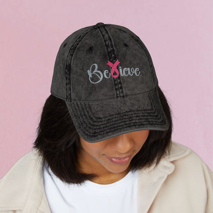 Believe Embroidered Breast Cancer Awareness Unisex Distressed Cap Gift Black