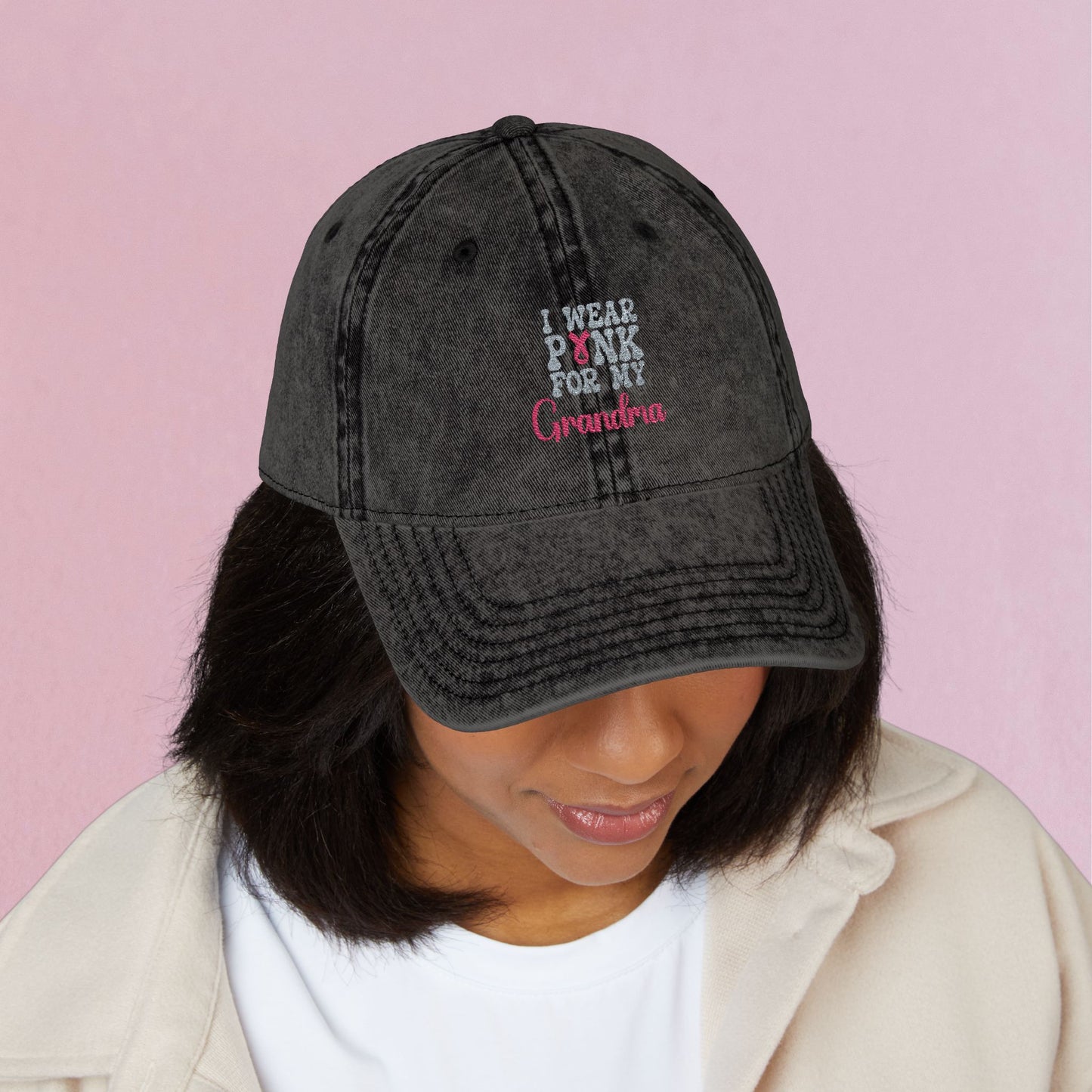 I Wear Pink for my Loved One Personalized Embroidered Breast Cancer Awareness Unisex Distressed Cap Gift Black