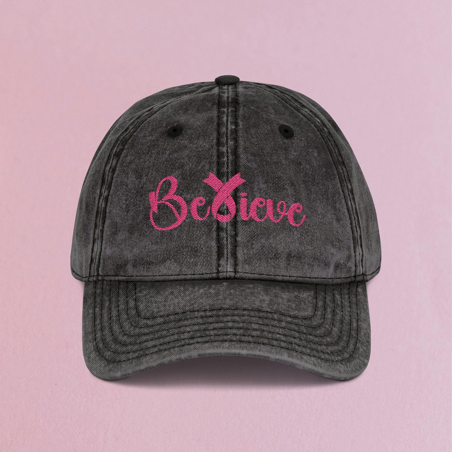 Believe Pink Embroidered Breast Cancer Awareness Unisex Distressed Cap Gift Black