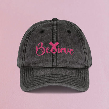 Believe Pink Embroidered Breast Cancer Awareness Unisex Distressed Cap Gift Black