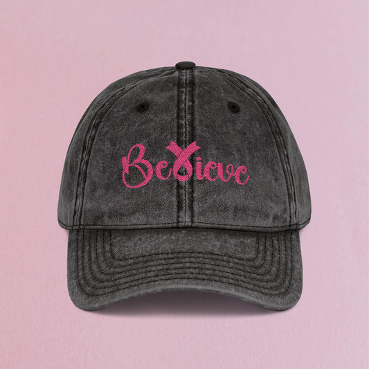 Believe Pink Embroidered Breast Cancer Awareness Unisex Distressed Cap Gift Black