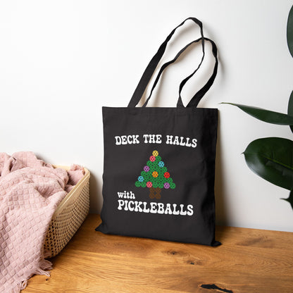 Deck the Halls with Pickleballs Pickleball Tote Bag | Christmas Cotton Gift Black
