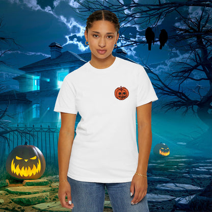 Embroidered Pocket Jackolantern Worried Face Halloween Pumpkin Comfort T Shirt Unisex