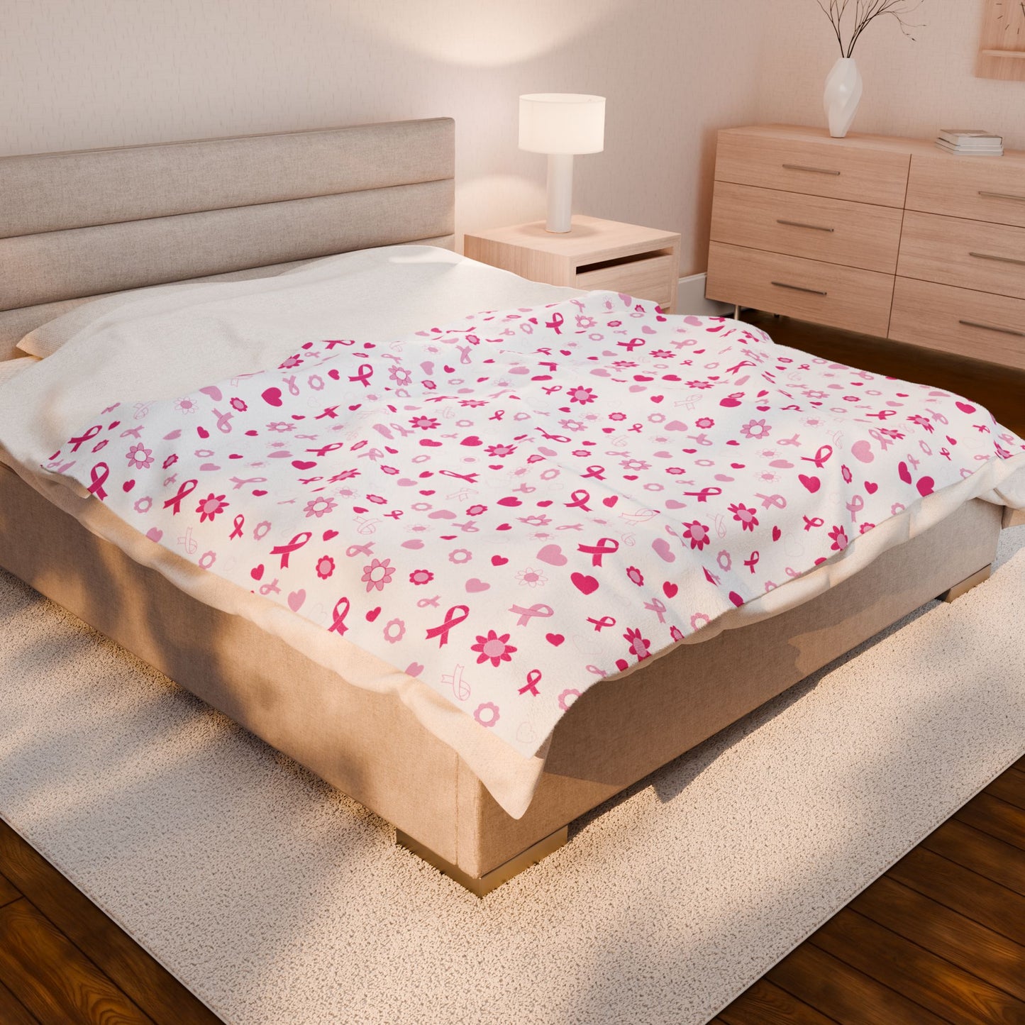 Breast Cancer Awareness White Velveteen Plush Blanket 3 Sizes Chemotherapy Gift