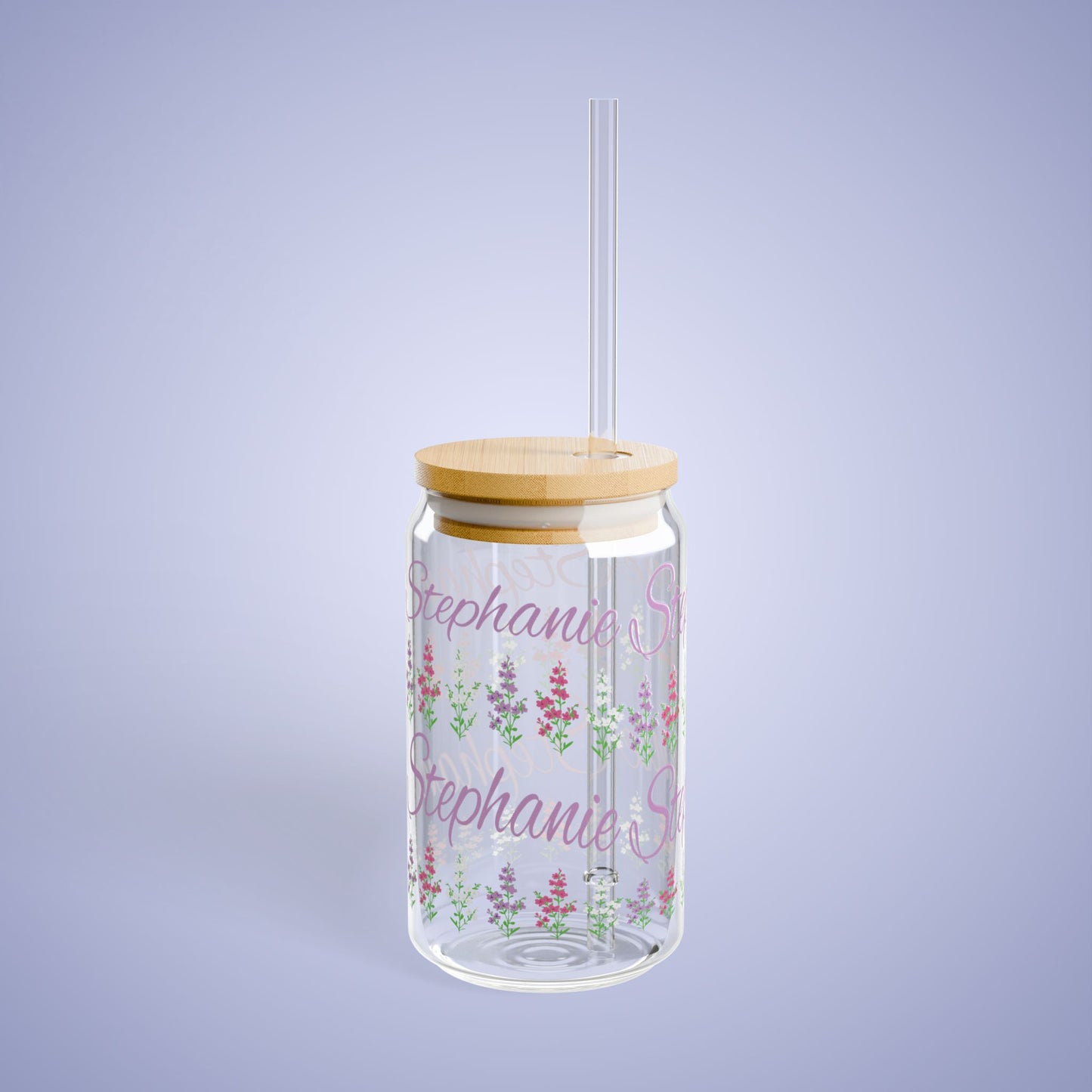 July Birthday Larkspur Floral Personalized Sipper Glass Bamboo Lid