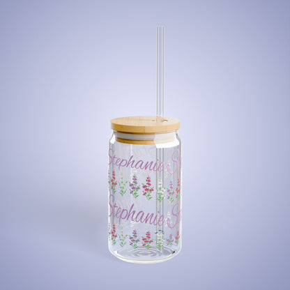 July Birthday Larkspur Floral Personalized Sipper Glass Bamboo Lid