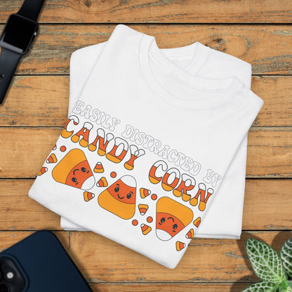 Easily Distracted by Candy Corn Halloween T-Shirt | Funny Graphic Design