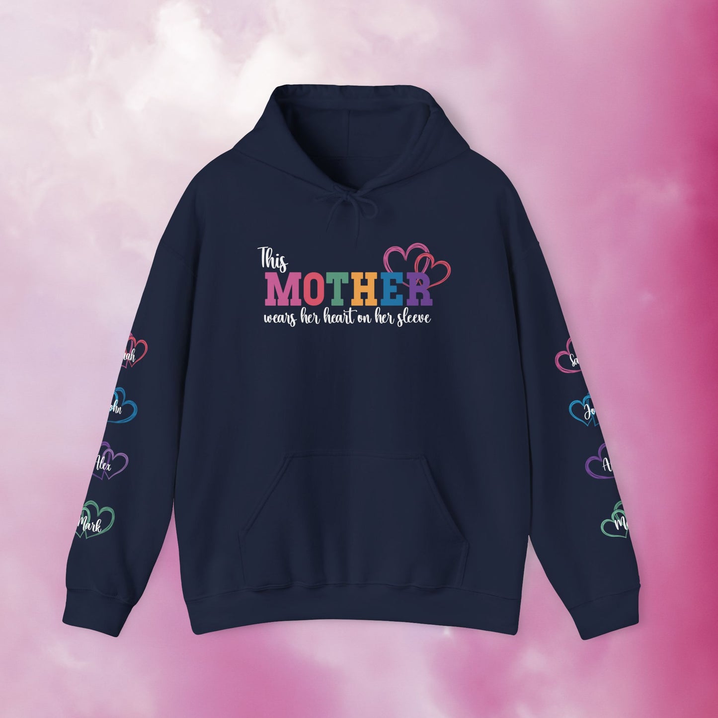 This Mother Wears Her Heart on Her Sleeve Personalized White Mothers Day Gift Hoodie Sweatshirt