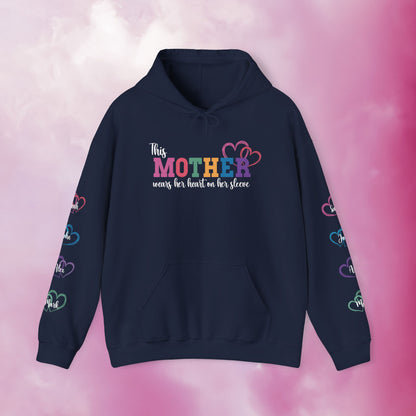 This Mother Wears Her Heart on Her Sleeve Personalized White Mothers Day Gift Hoodie Sweatshirt