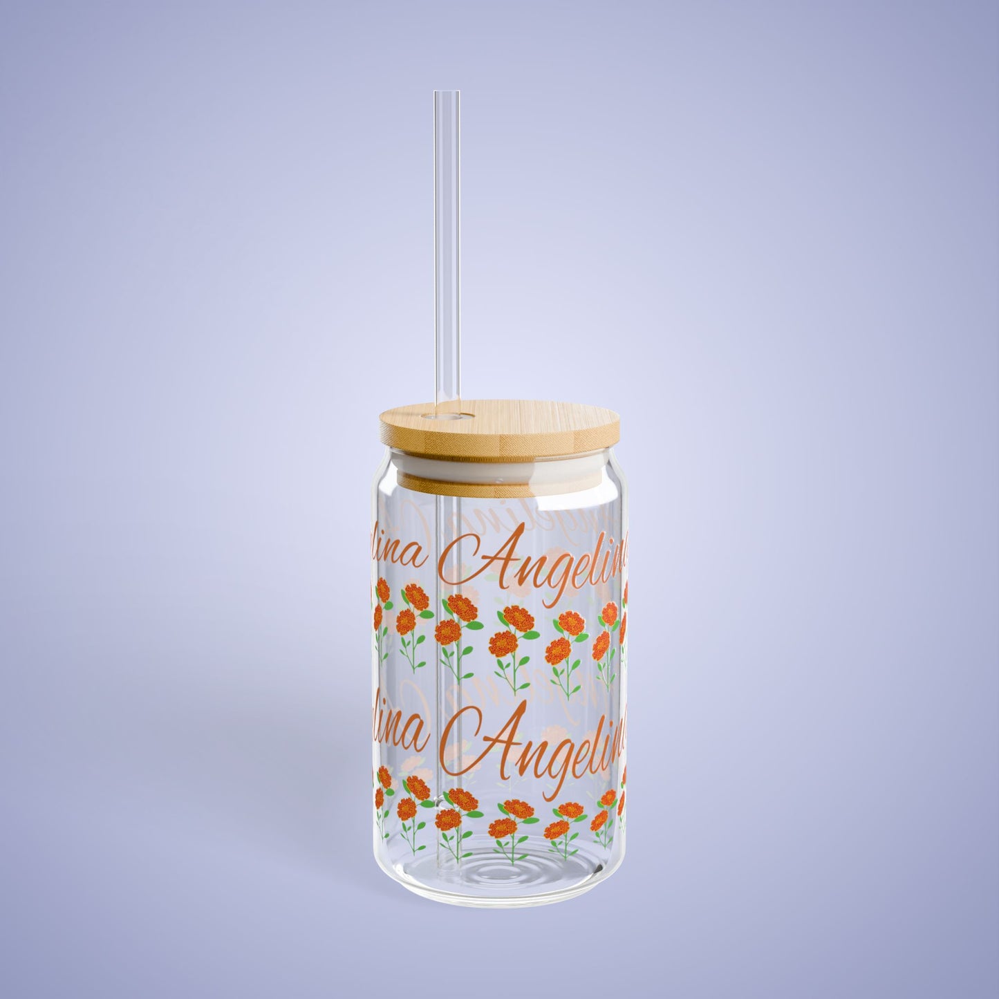 October Birthday Marigold Floral Personalized Sipper Glass Bamboo Lid