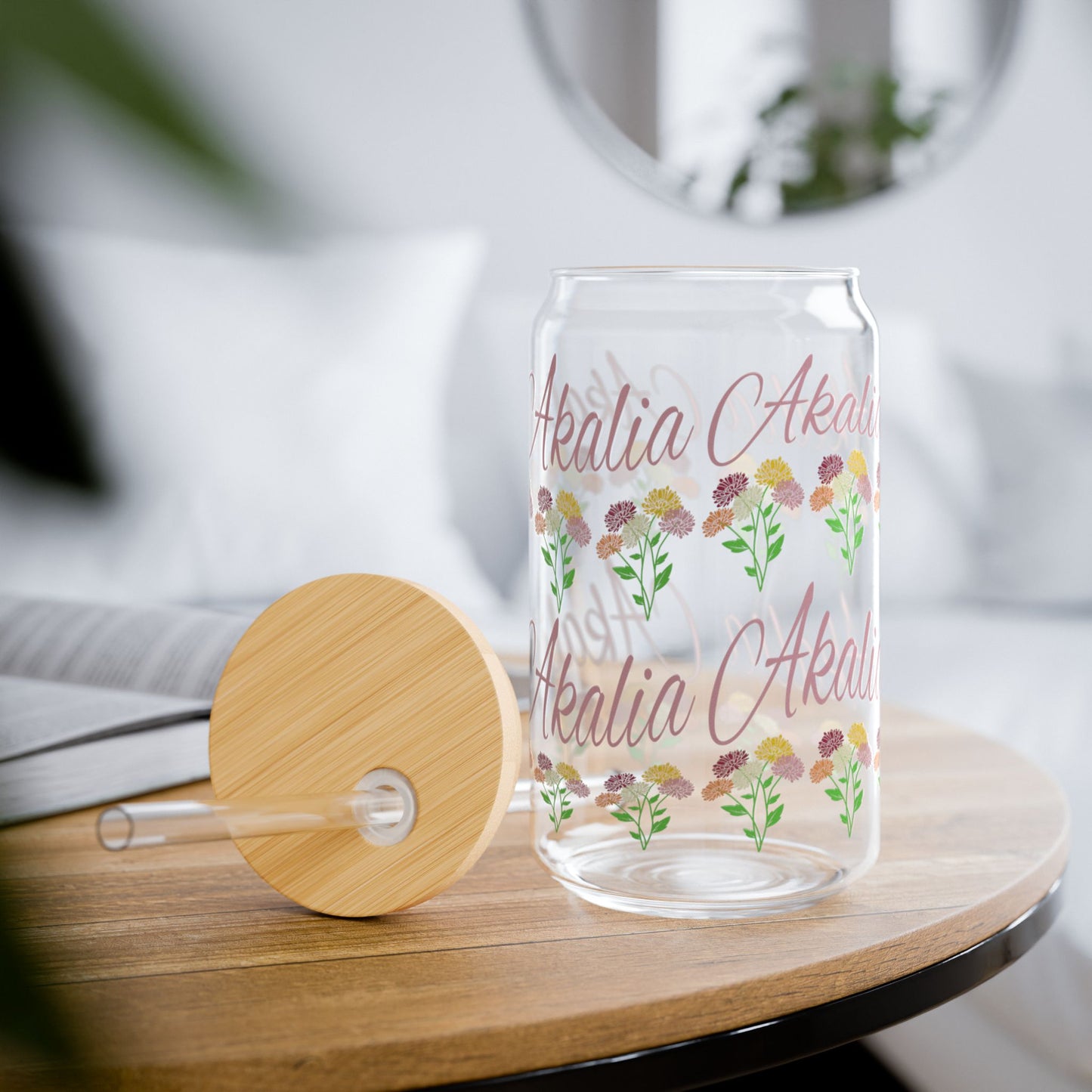 November Birthday Chrysanthemum Floral Personalized Sipper Glass Bamboo Lid