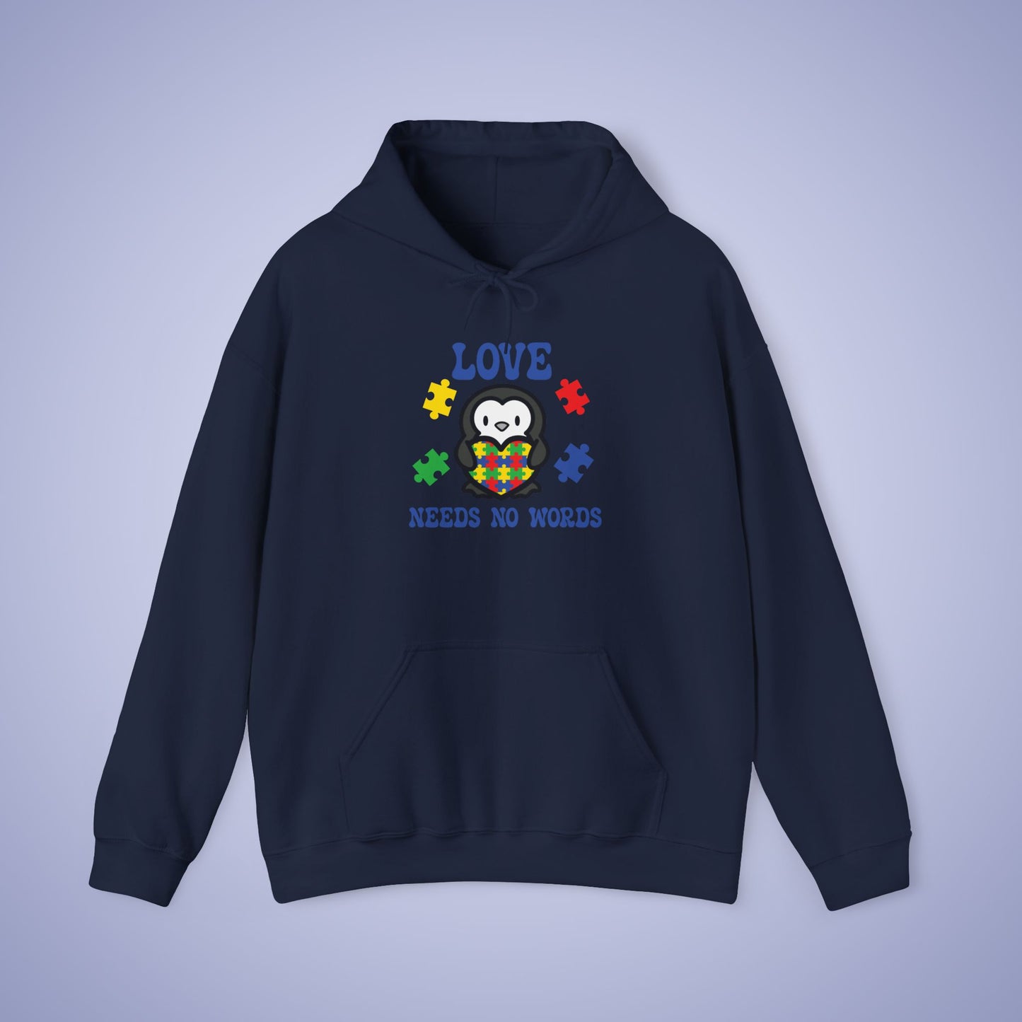 Love Needs No Words Penguin Lover Graphic Autism Awareness Hoodie Unisex