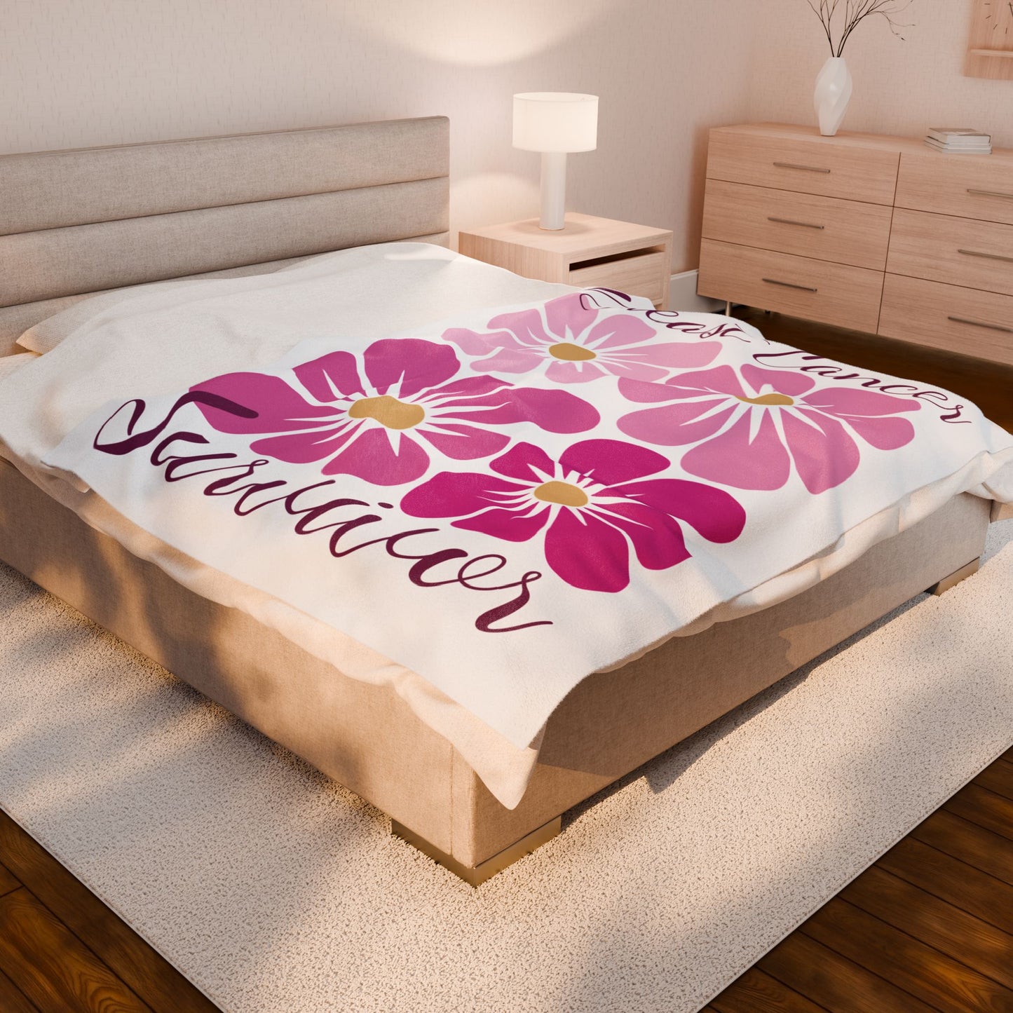 Breast Cancer Survivor Boho Floral White Velveteen Plush Blanket 3 Sizes Chemotherapy Gift