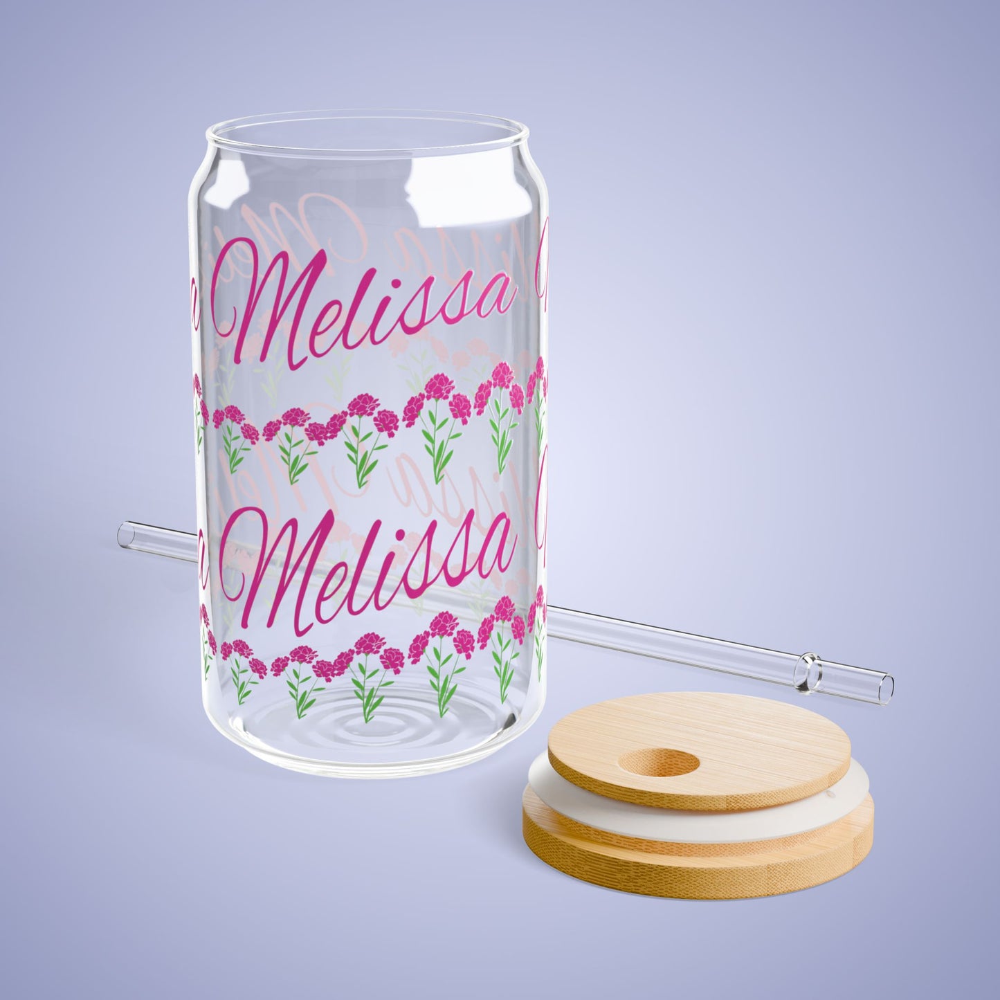 January Birthday Carnation Floral Personalized Sipper Glass Bamboo Lid