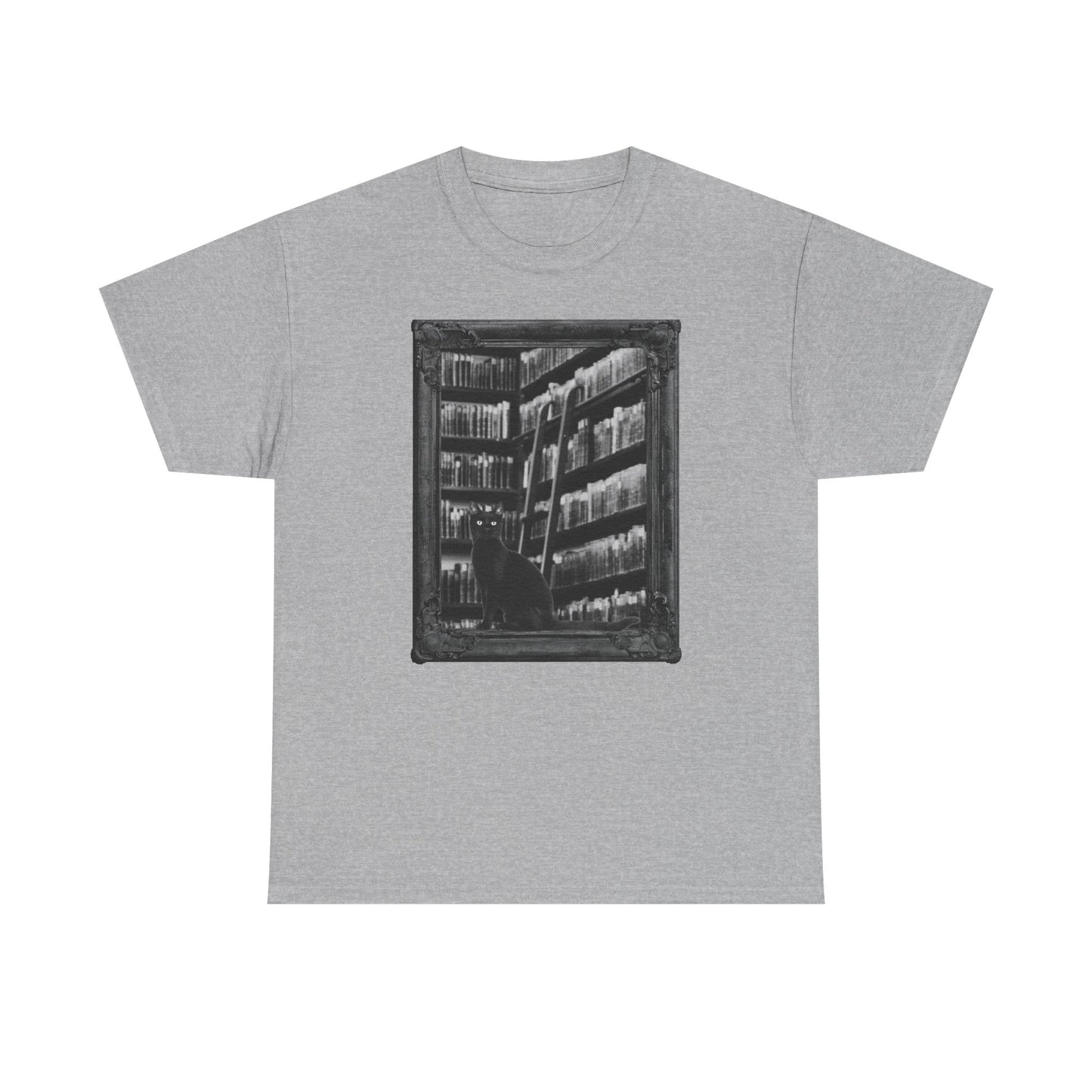 Black Cat Spooky Library Halloween T-Shirt | Book Lover Photographic Design
