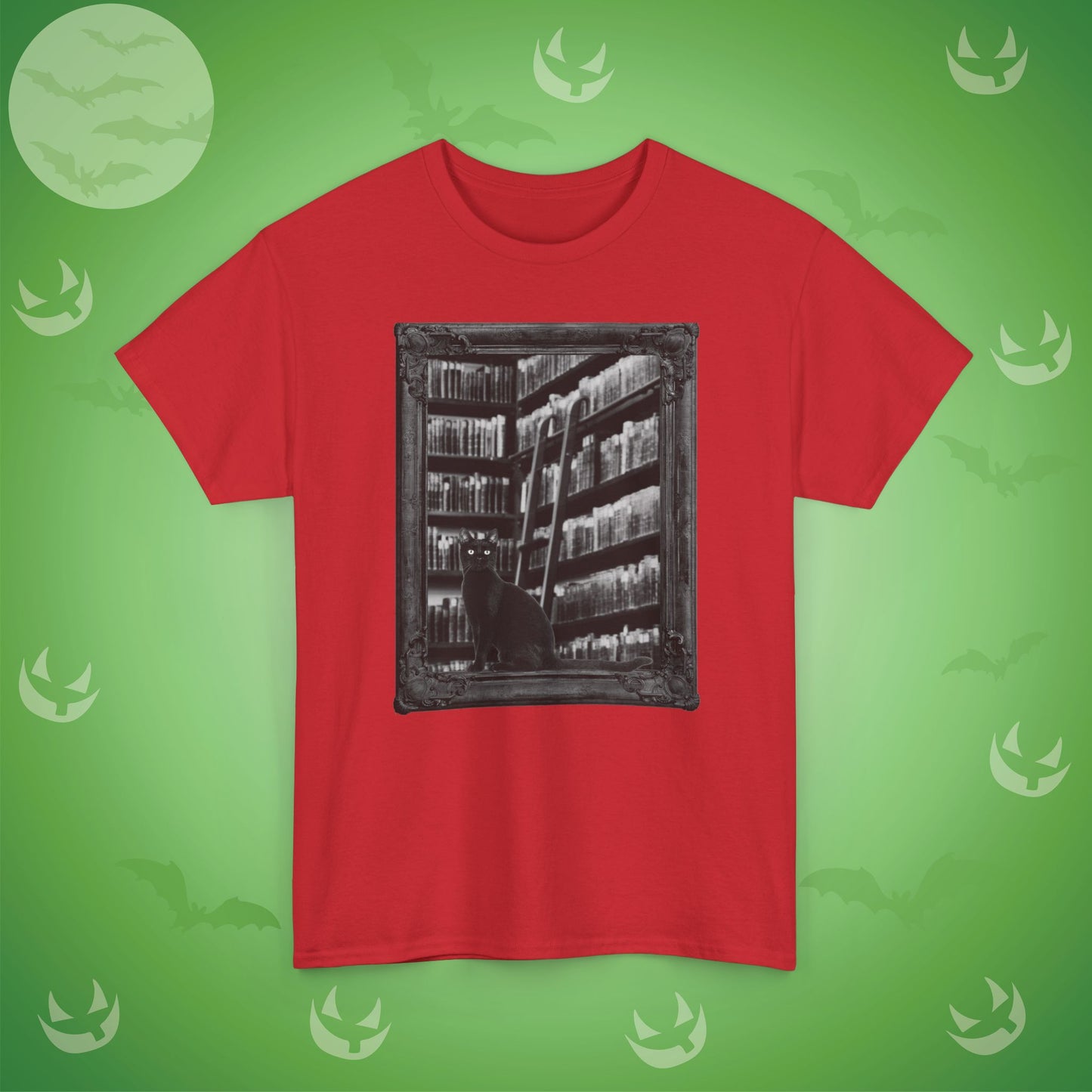 Black Cat Spooky Library Halloween T-Shirt | Book Lover Photographic Design