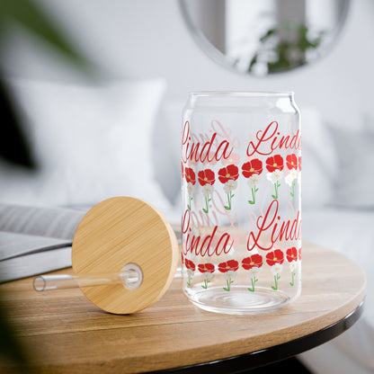 August Birthday Poppy Floral Personalized Sipper Glass Bamboo Lid