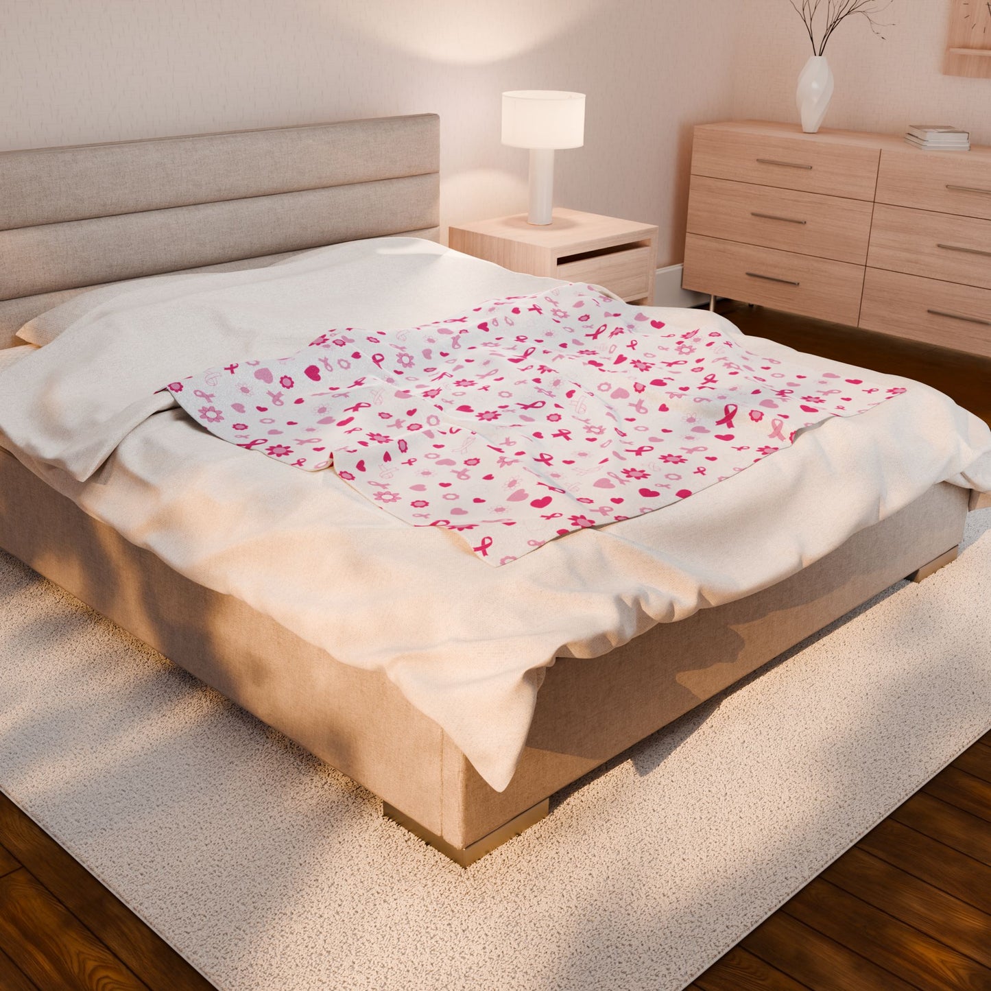 Breast Cancer Awareness White Velveteen Plush Blanket 3 Sizes Chemotherapy Gift
