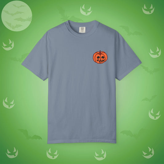 Embroidered Pocket Jackolantern Worried Face Halloween Pumpkin Comfort T Shirt Unisex