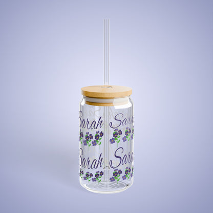 February Birthday Primrose Floral Personalized Sipper Glass Bamboo Lid