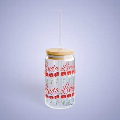 August Birthday Poppy Floral Personalized Sipper Glass Bamboo Lid