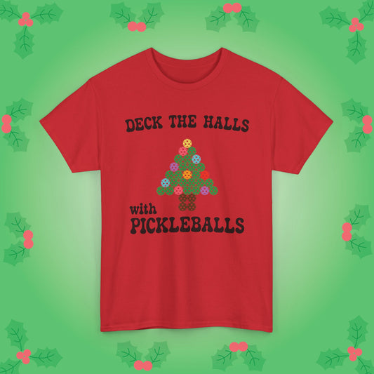 Deck the Halls with Pickleballs T Shirt Graphic Design Christmas Pickleball Gift