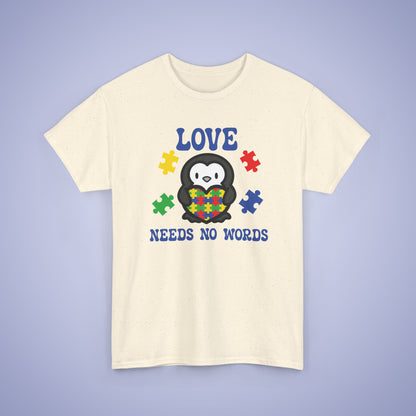 Penguin Puzzle Heart Graphic Love Needs No Words Autism Awareness Unisex T Shirt