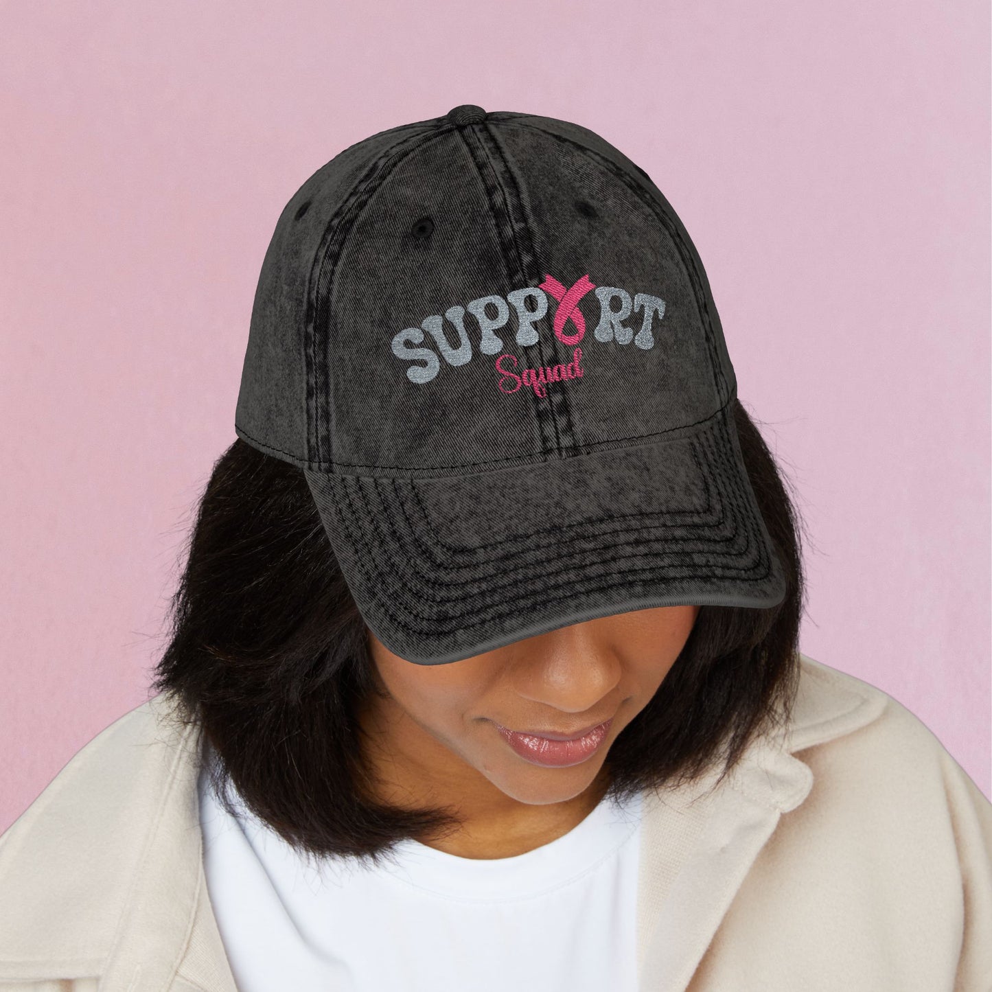 Support Squad Embroidered Breast Cancer Awareness Unisex Distressed Cap Gift Black