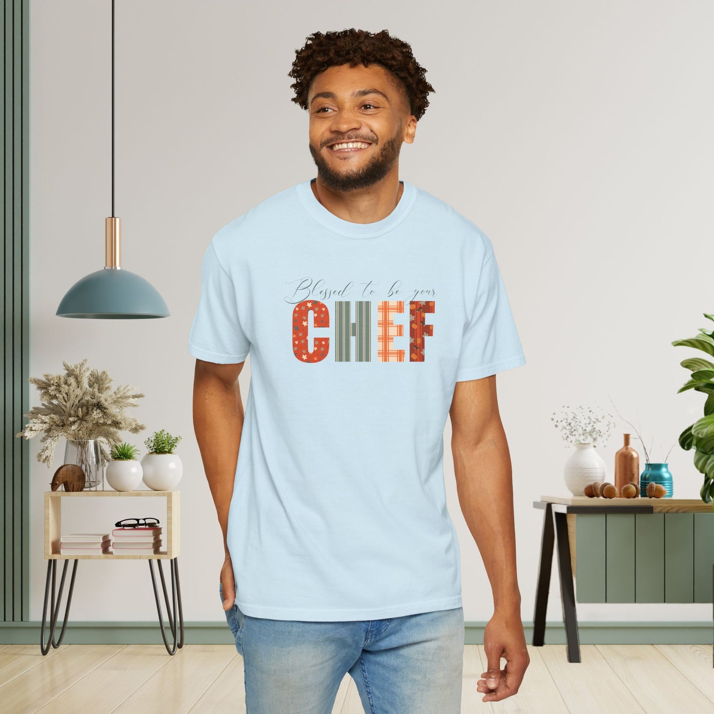 Blessed to be Your Chef White Thanksgiving Patterned Word Art Comfort T Shirt Unisex