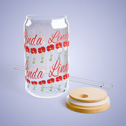 August Birthday Poppy Floral Personalized Sipper Glass Bamboo Lid