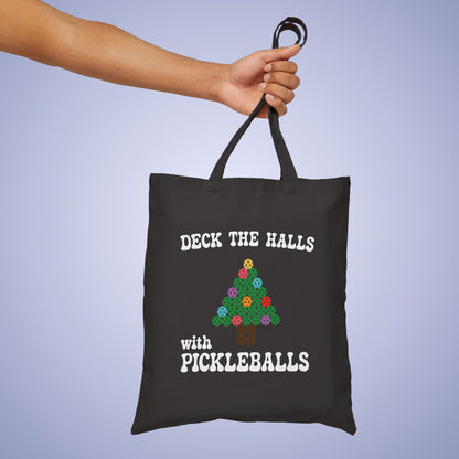 Deck the Halls with Pickleballs Pickleball Tote Bag | Christmas Cotton Gift Black