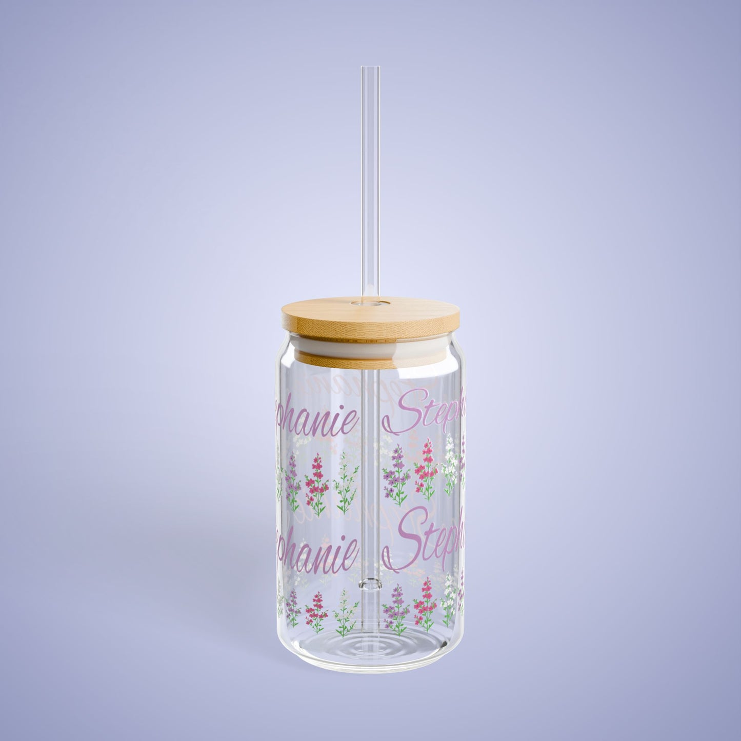 July Birthday Larkspur Floral Personalized Sipper Glass Bamboo Lid