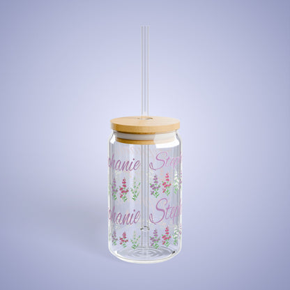 July Birthday Larkspur Floral Personalized Sipper Glass Bamboo Lid