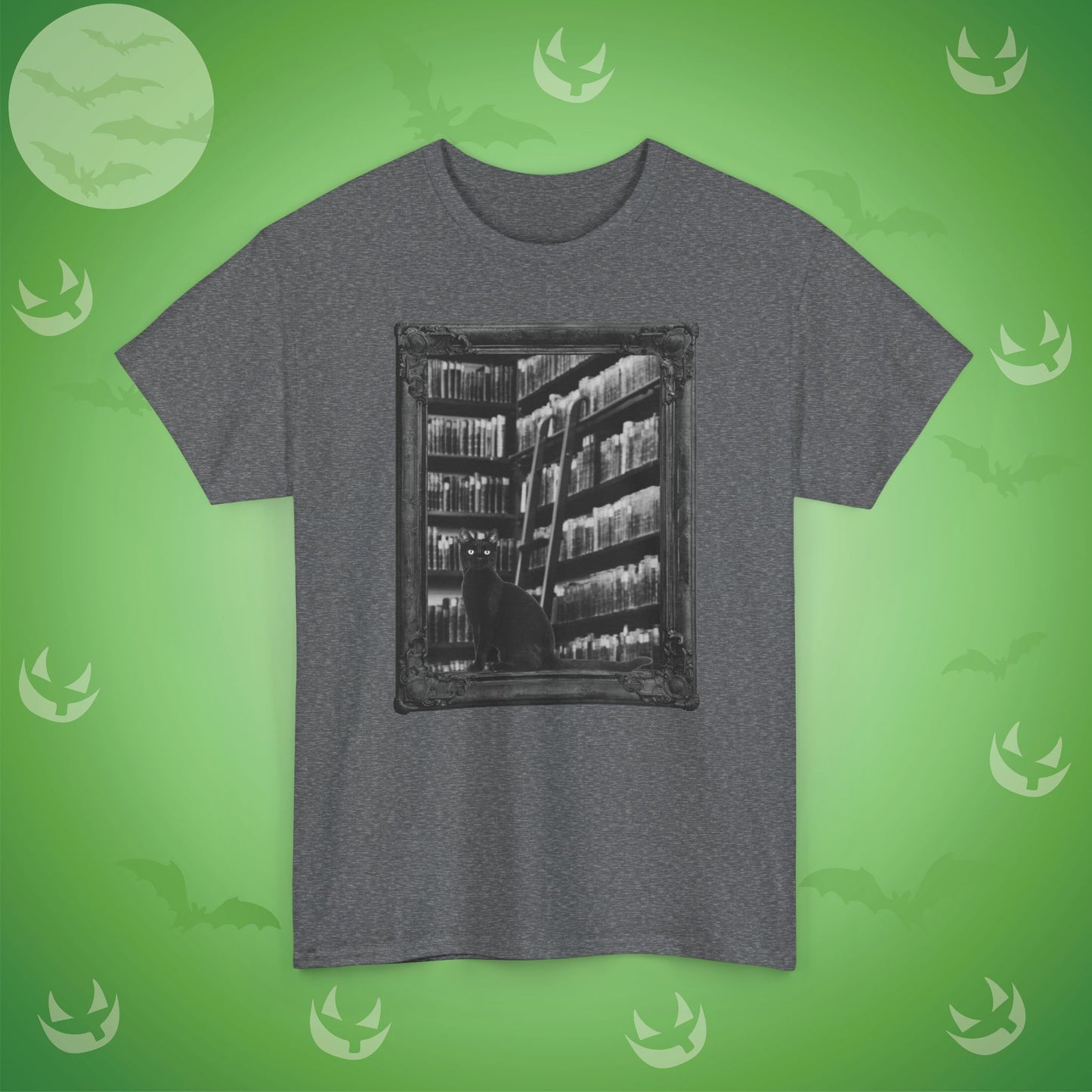 Black Cat Spooky Library Halloween T-Shirt | Book Lover Photographic Design