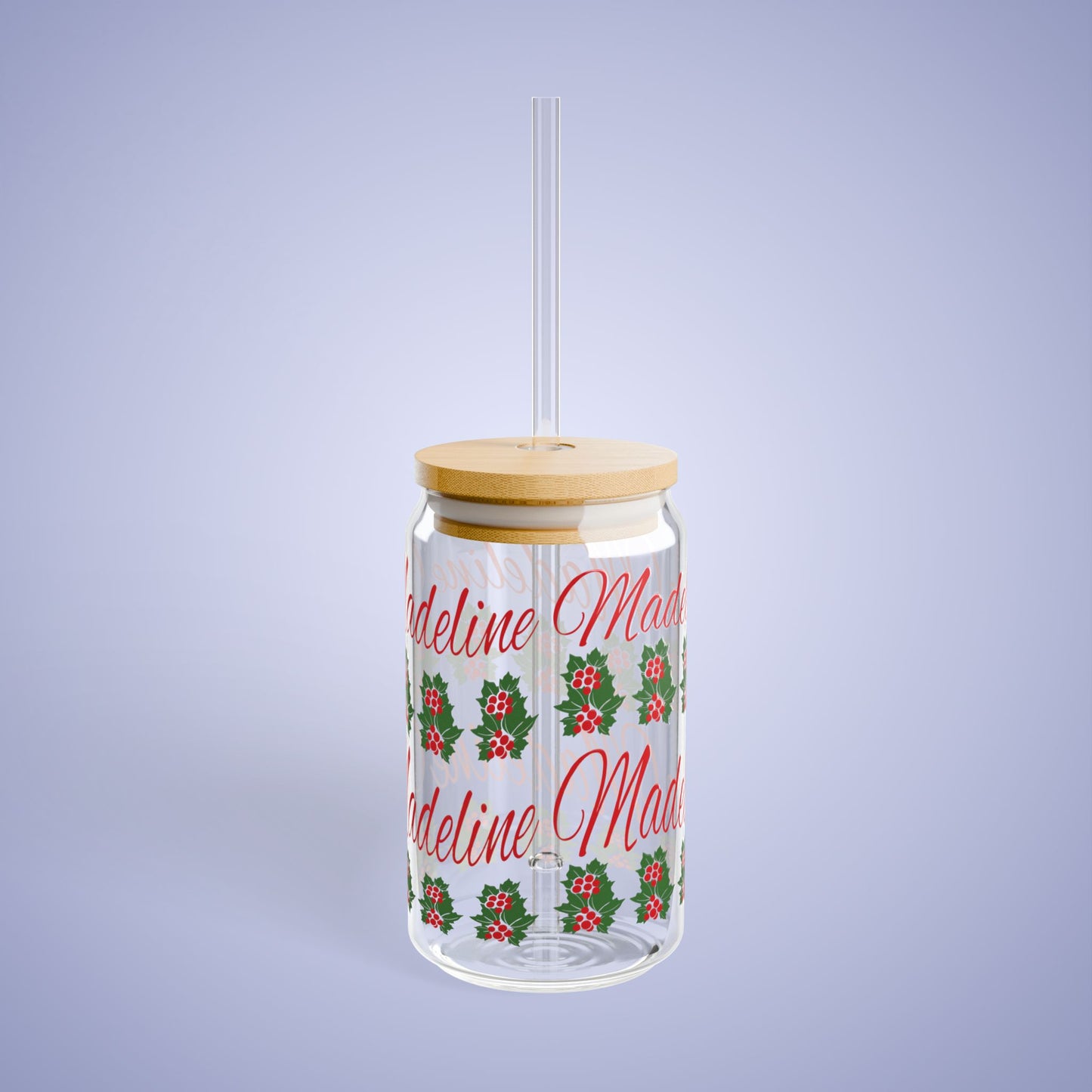 December Birthday Holly Floral Personalized Sipper Glass Bamboo Lid
